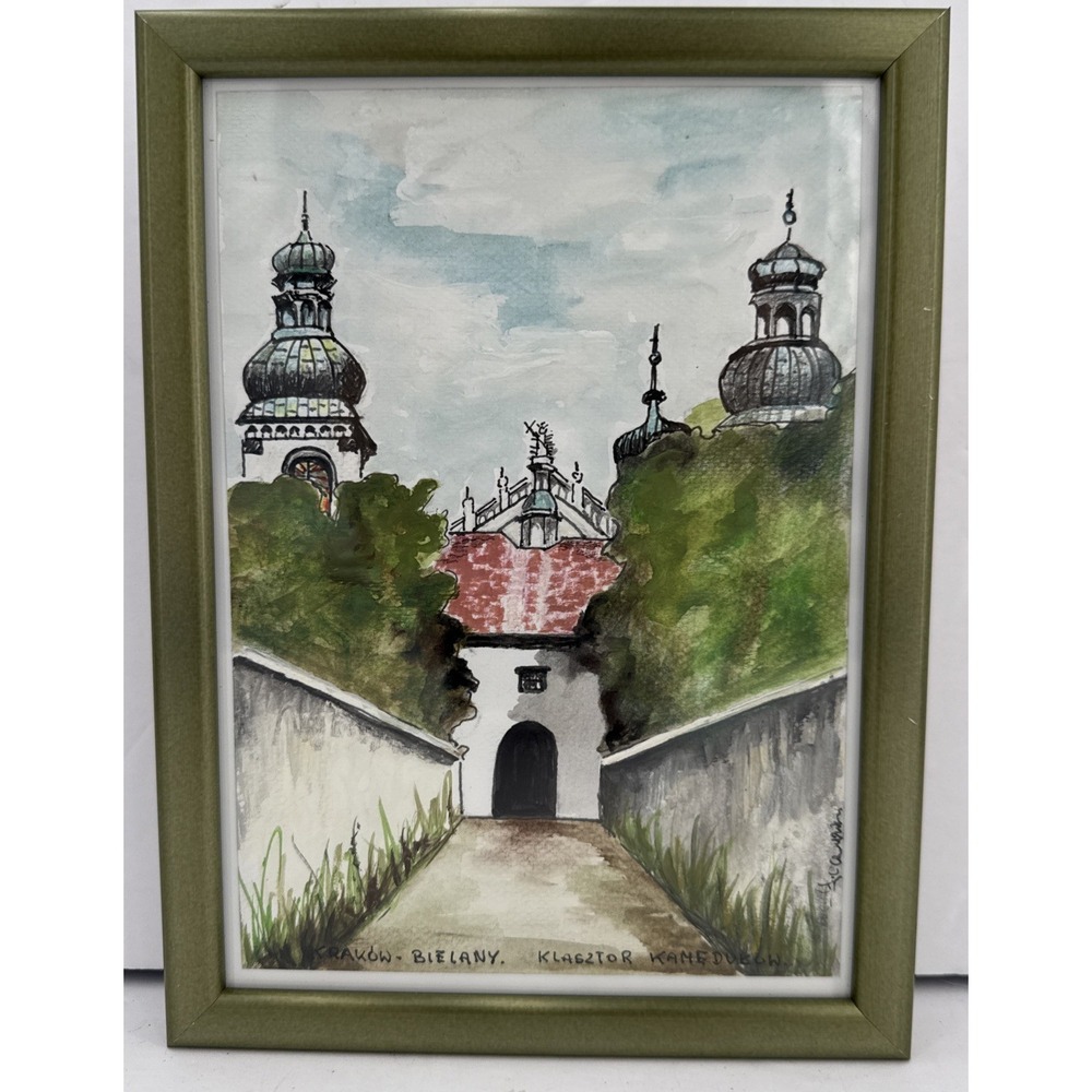 Vintage Original Watercolor Krakow Bielany Camaldolese Monastery Poland Signed